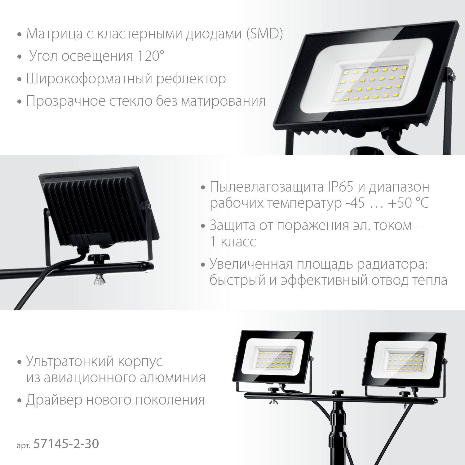ЗУБР  ПСК 30х2, 2 х 30 Вт, 6500 К, IP 65, 1.6 м, светодиодные прожекторы  на штативе, Профессионал (57145-2-30)