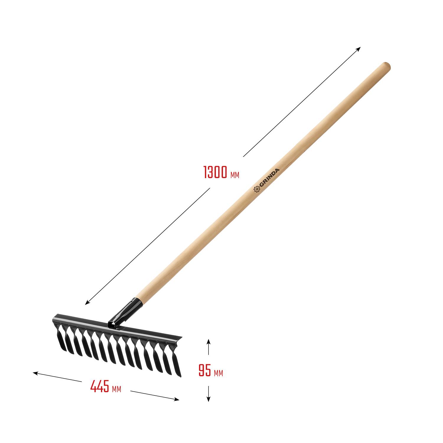 GRINDA  GS-14 WOOD, 445 х 95 х 1300 мм, 14 витых зубцов, углеродистая сталь, антикор. покрытие, черенок дерев. высш. сорт, садовые грабли(39581-14)