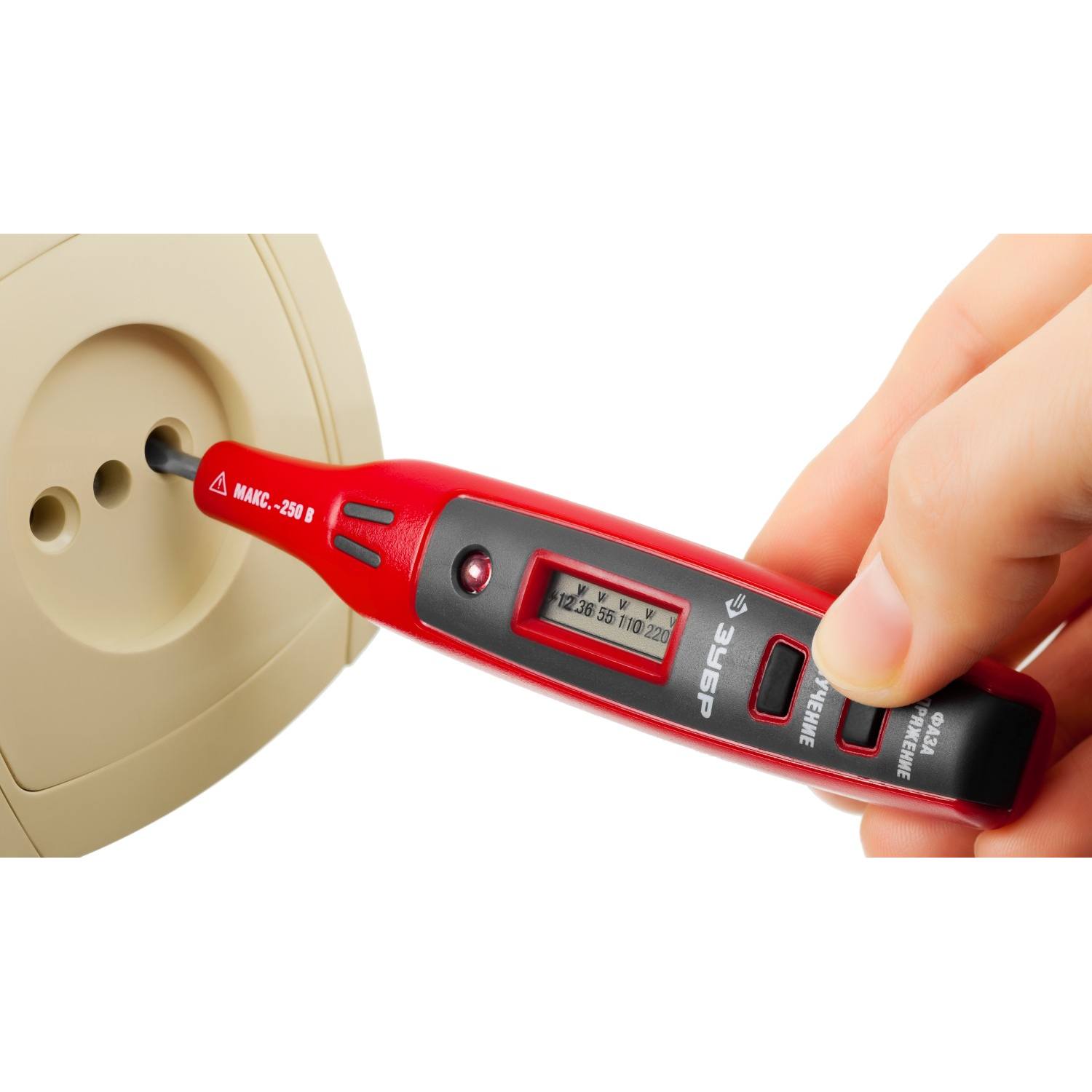 Тестер напряжения ЗУБР "Мастер" цифровой со световым индикатором, 12-220В, 140мм {45240}