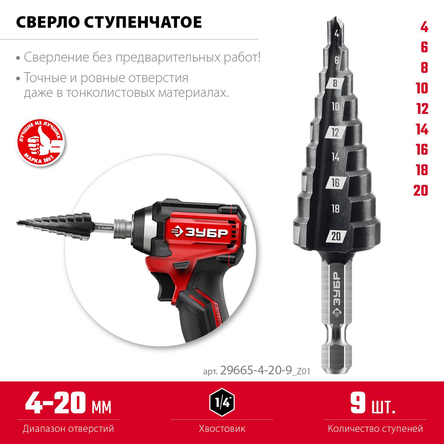 ЗУБР 4-20мм, 9 ступеней, сверло ступенчатое {29665-4-20-9_z01}