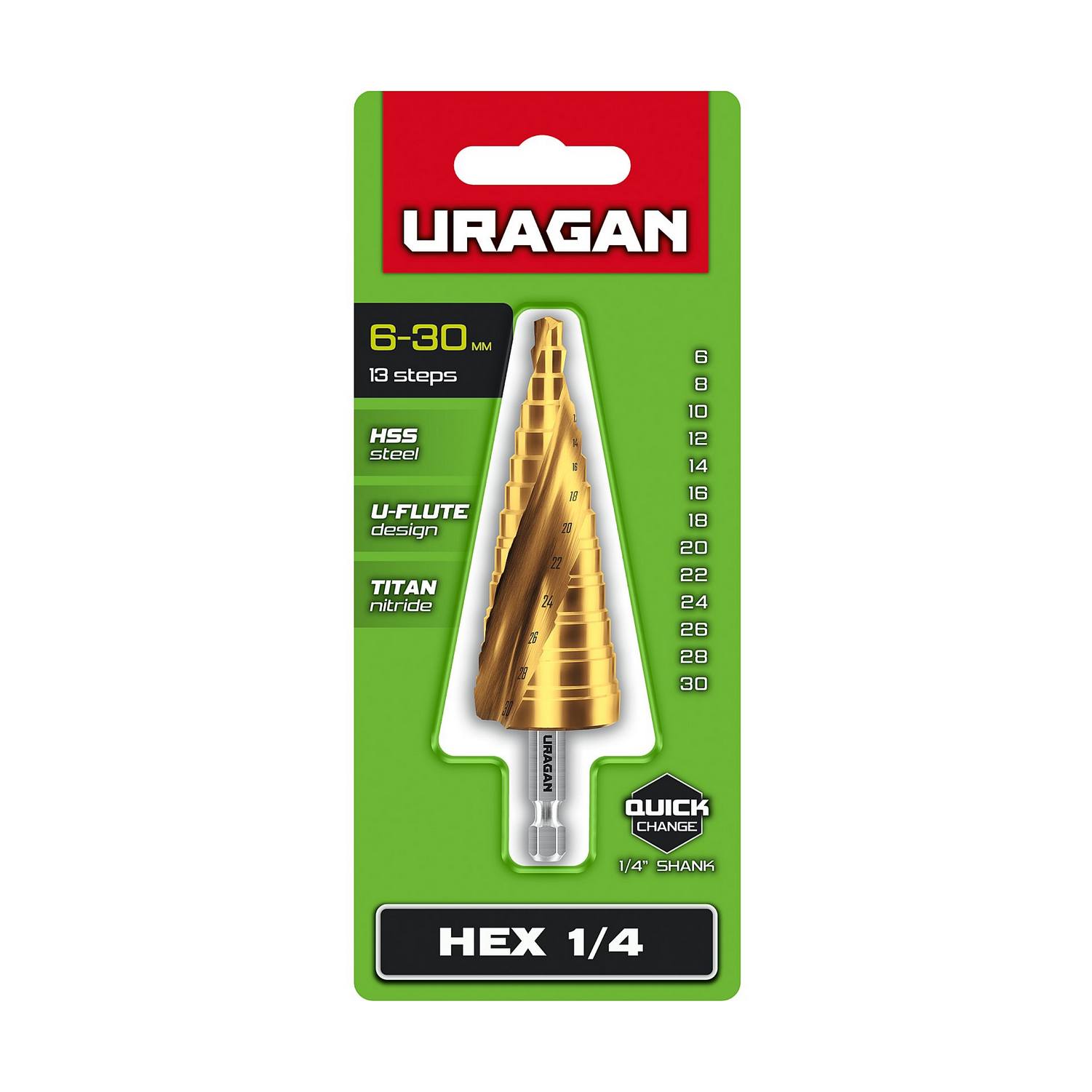 URAGAN 6-30мм, 13 ступеней, винтовая спираль, сверло ступенчатое {29658-6-30-13}