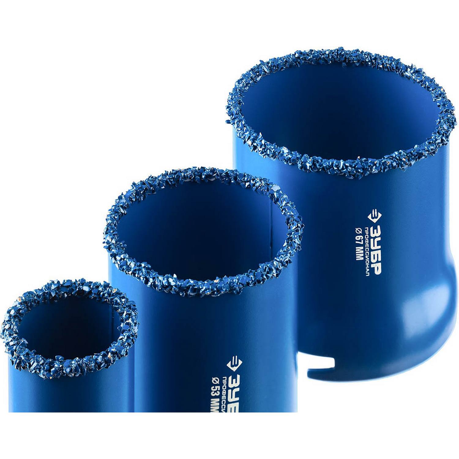 Набор кольцевых коронок ЗУБР "Профессионал" c карбид-вольфрамовым нанесением, 5 предм. в блистере: коронки d 33, 53, 67 мм, основание, сверло