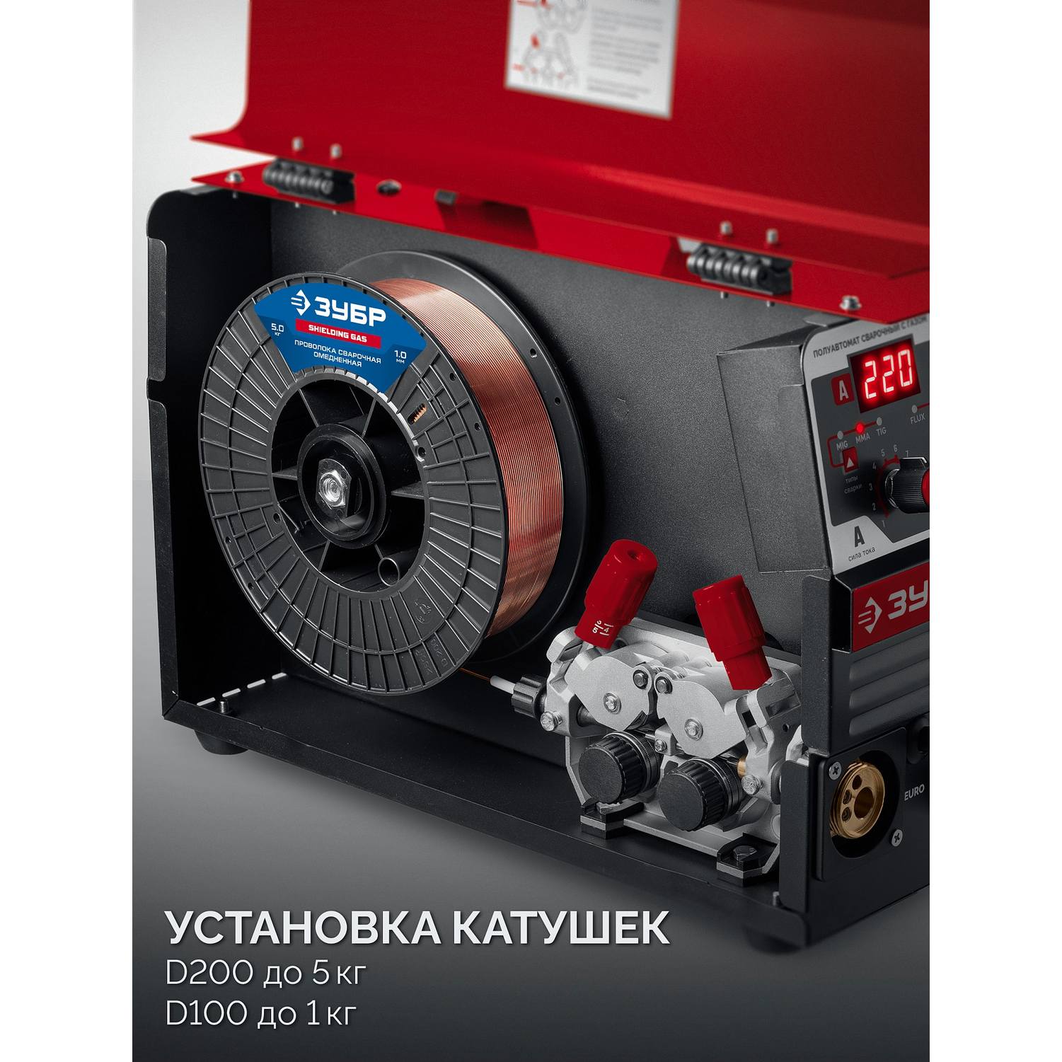 ЗУБР  MASTER, MIG / MAG, FCAW, MMA, TIG, 220 А, полуавтомат сварочный, с газом / без газа, горелка ПСГ-220 {ПСГ-М8-220}