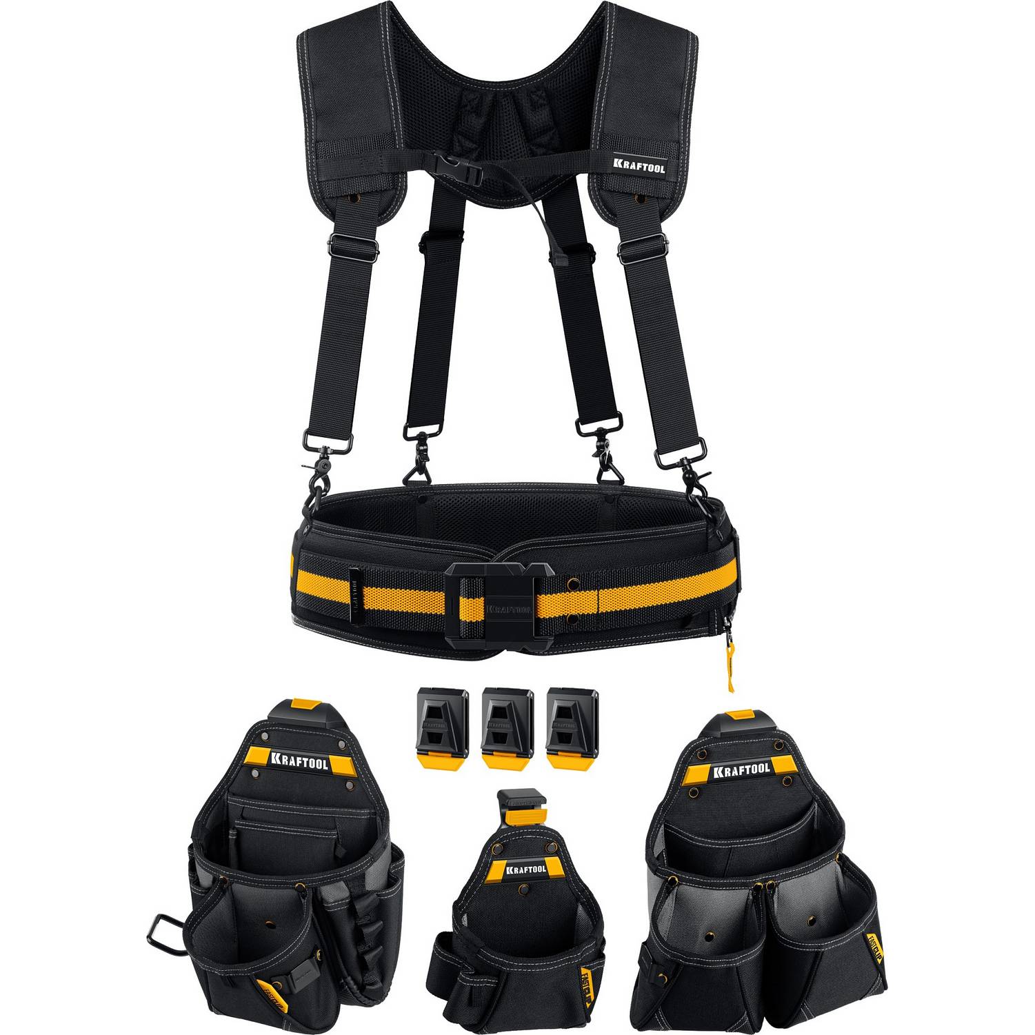 KRAFTOOL  KBS-5 в комплекте: пояс монтажника, подтяжки и 3 сумки, пояс монтажника  {38760-5}