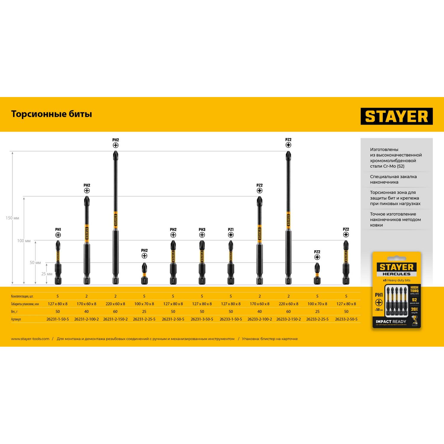 STAYER  HERCULES, PZ2, 25 мм, 5 шт, торсионные биты {26233-2-25-5}