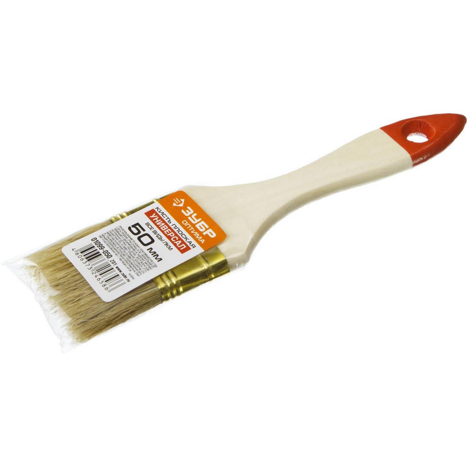 ЗУБР  УНИВЕРСАЛ 50 мм, 2" светлая натуральная щетина, деревянная ручка, плоская кисть, ОПТИМА (01099-050)
