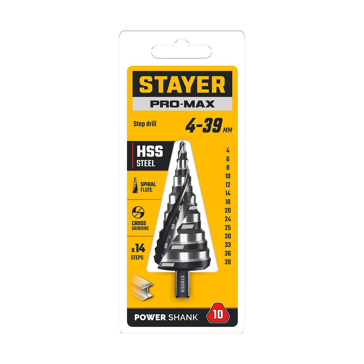 STAYER Pro-Max 4-39мм, 14 ступеней, винтовая спираль, сверло ступенчатое {29661-4-39-14}