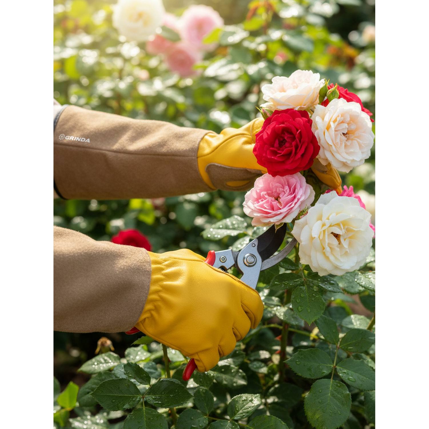 GRINDA  ROSE, M (8), кожаные садовые перчатки для колючих кустарников с увеличенной крагой, усиленная ладонь и кончики пальцев, PRO Line {11303-M}