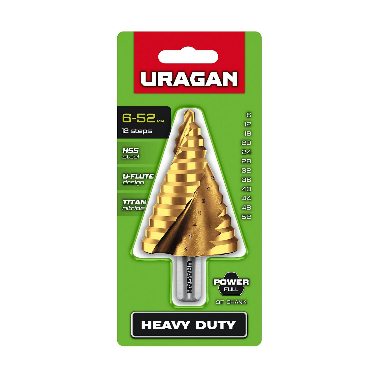 URAGAN 6-52мм, 12 ступеней, винтовая спираль, сверло ступенчатое {29658-6-52-12}