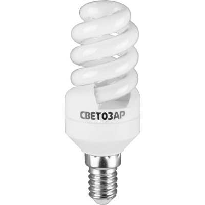 Энергосберегающая лампа СВЕТОЗАР "КОМПАКТ" спираль,цоколь E14(миньон),Т2,теплый белый свет(2700 К), 10000час, 9Вт(45)