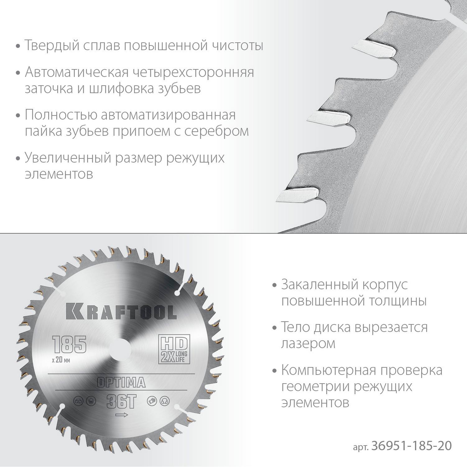 KRAFTOOL  Optima, 185 х 20 мм, 36Т, пильный диск по дереву {36951-185-20}