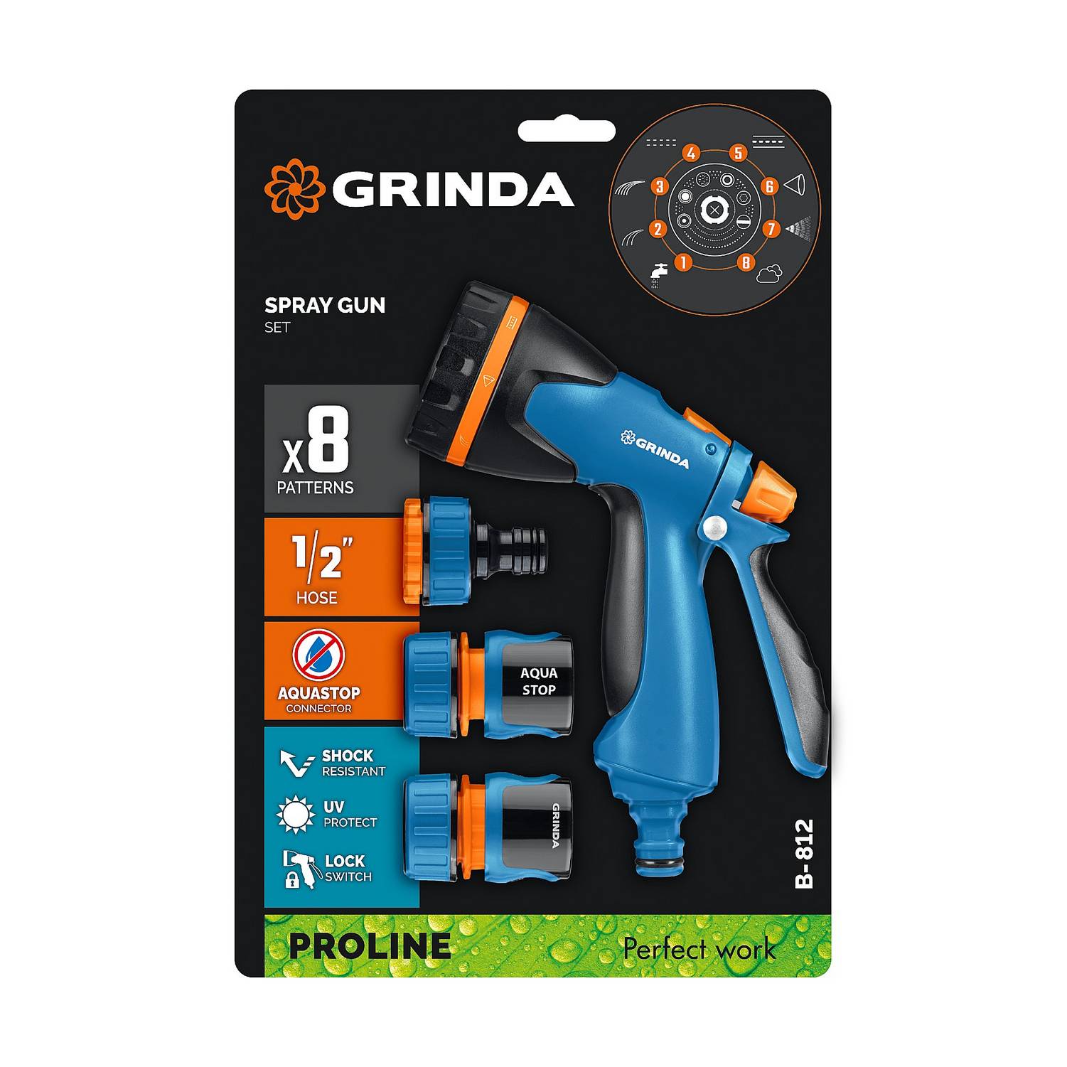 GRINDA  B-812, питолет поливочный B-8, коннектор 1/2, конектор 1/2 с автостопом, адаптер с внутр. резьбой 1/2 х 3/4, набор поливочный PROLine {429114}