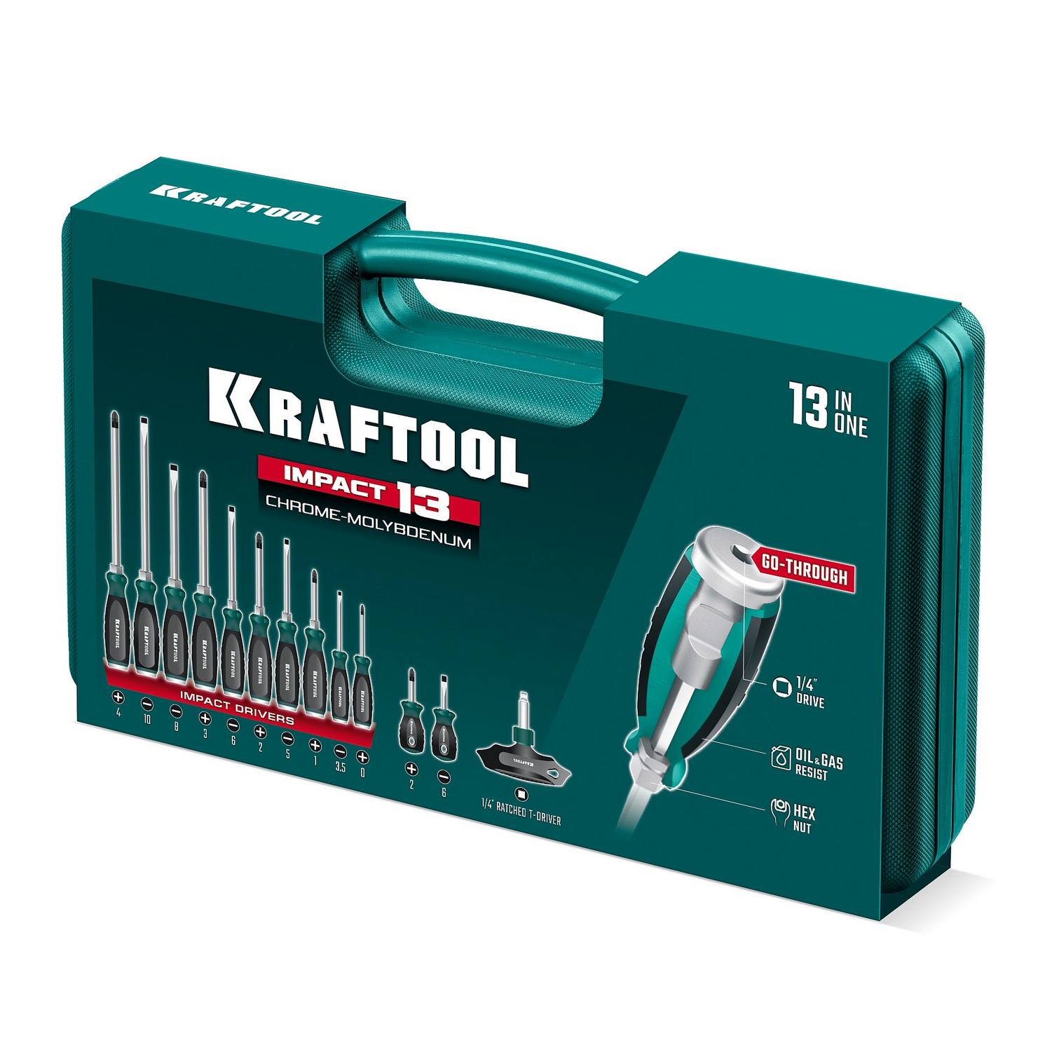 KRAFTOOL IMPACT 13 шт, сквозной стержень Cr-Mo, набор ударных отверток {25035}