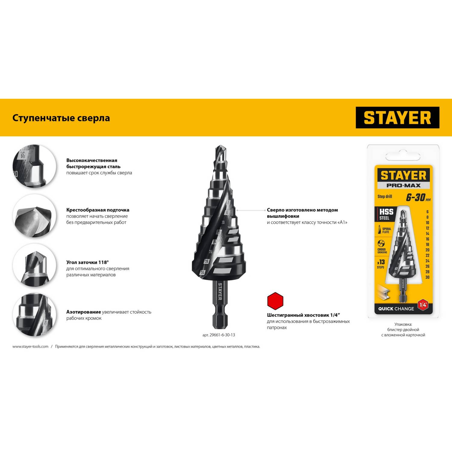 STAYER Pro-Max 9-36мм, 10 ступеней, винтовая спираль, сверло ступенчатое {29661-9-36-10}