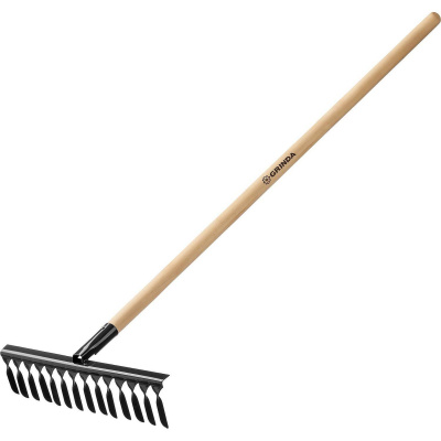 GRINDA  GS-14 WOOD, 445 х 95 х 1300 мм, 14 витых зубцов, углеродистая сталь, антикор. покрытие, черенок дерев. высш. сорт, садовые грабли(39581-14)
