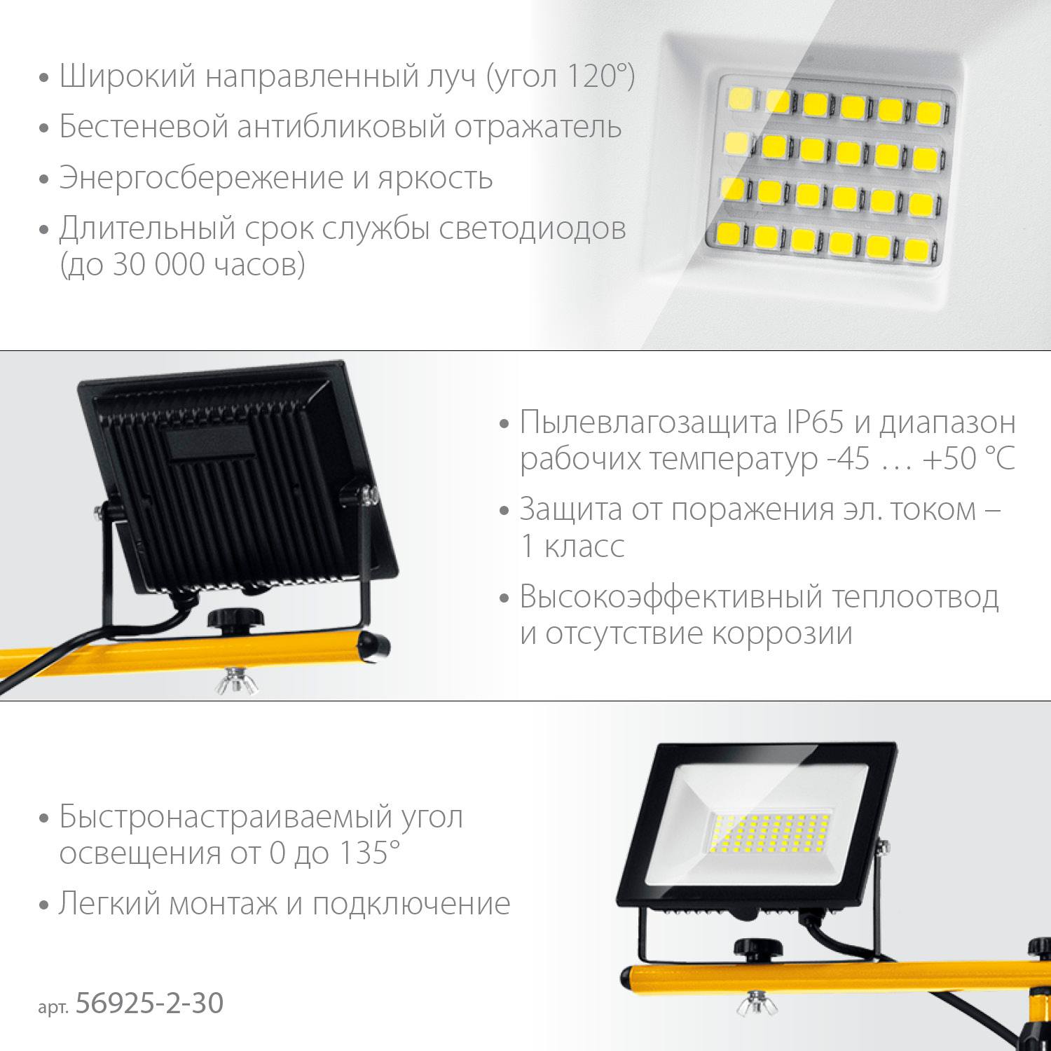 STAYER  2х30Вт, 6500К IP65, 1.6 м Светодиодные прожекторы  на штативе LED-MAX,  {56925-2-30}