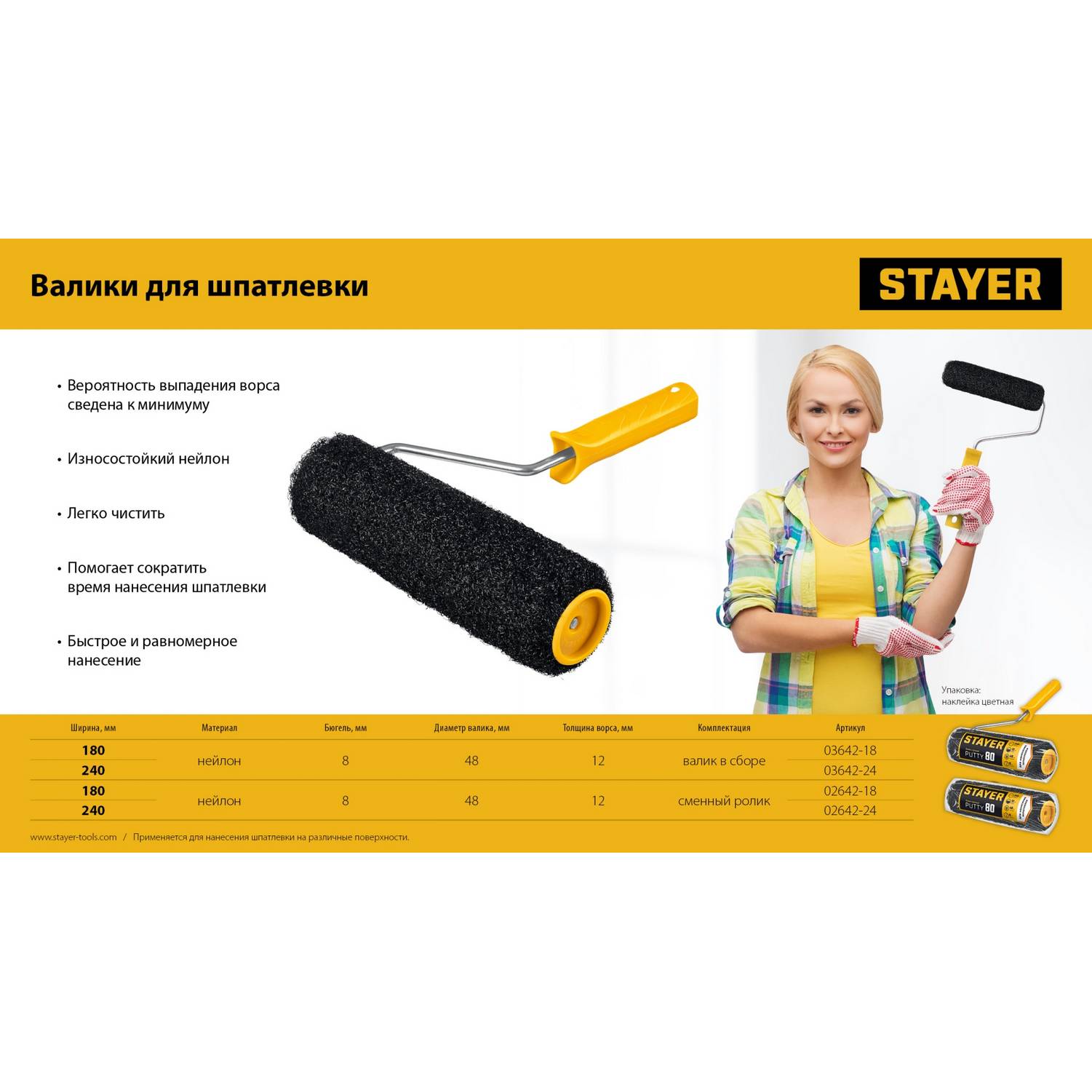 STAYER  PUTTY 80 мм, 180 мм, 8 мм ручка, валик для шпатлевки, PROFESSIONAL  (03642-18)