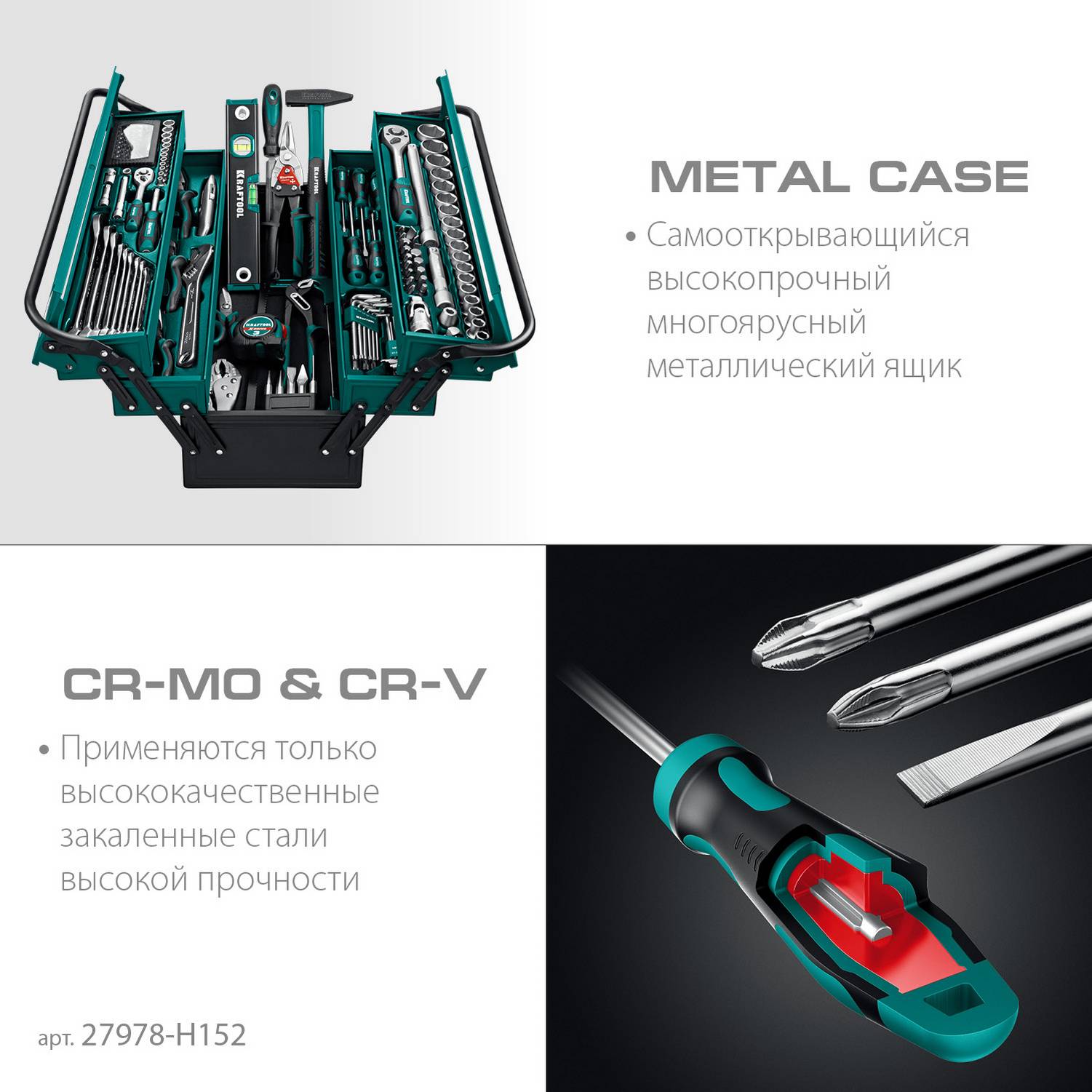 KRAFTOOL  GRAND-152, 152 предм., (1/2"+1/4"), Универсальный набор инструмента  {27978-H152}