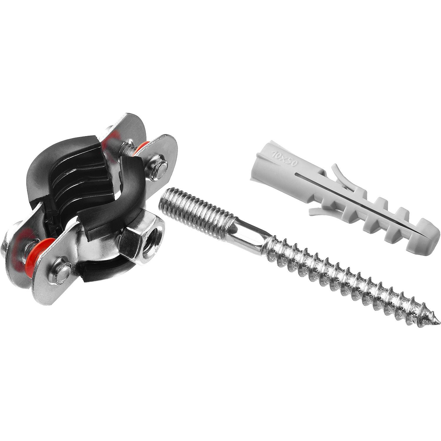 Хомут трубный с гайкой, оцинкованный, в комплекте с сантехнической шпилькой и дюбелем, 3/8", 1шт, ЗУБР