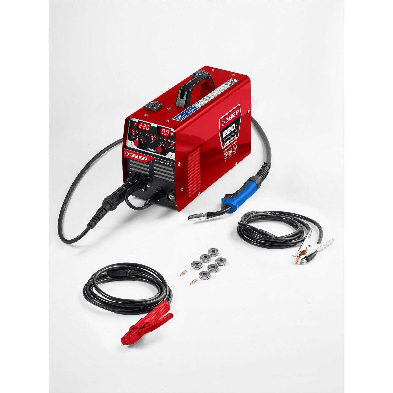 ЗУБР  MASTER, MIG / MAG, FCAW, MMA, TIG, 220 А, полуавтомат сварочный, с газом / без газа, горелка ПСГ-220 {ПСГ-М8-220}
