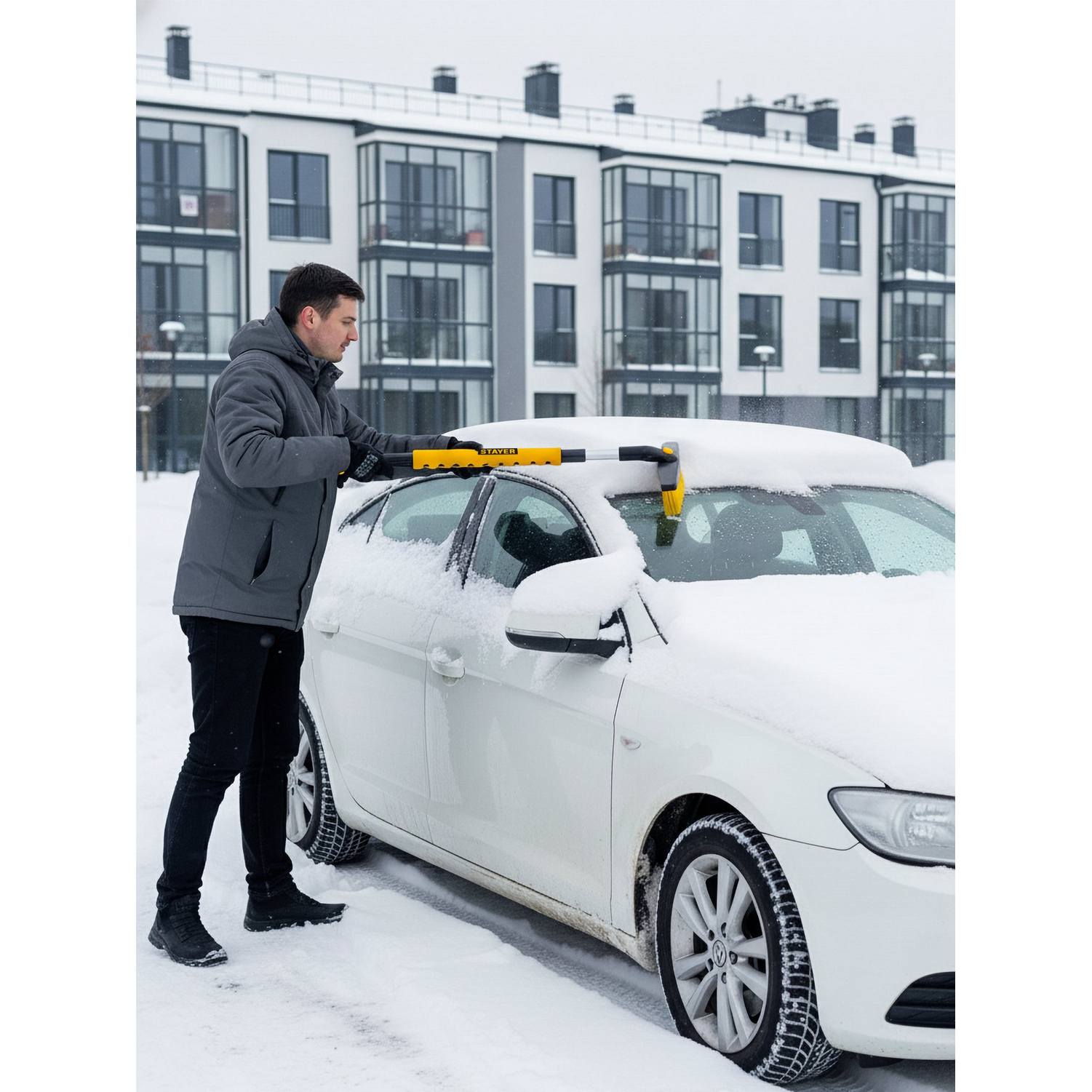 STAYER  телескопическая щётка с поворотной головой от снега автомобильная, 805-1065 мм {61048}