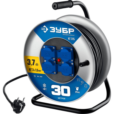 ЗУБР  КГ-315, КГ, 3 x 1.5 мм2, 30 м, 3700 Вт, IP44, силовой удлинитель на стальной катушке, Профессионал 55080-30_z01}