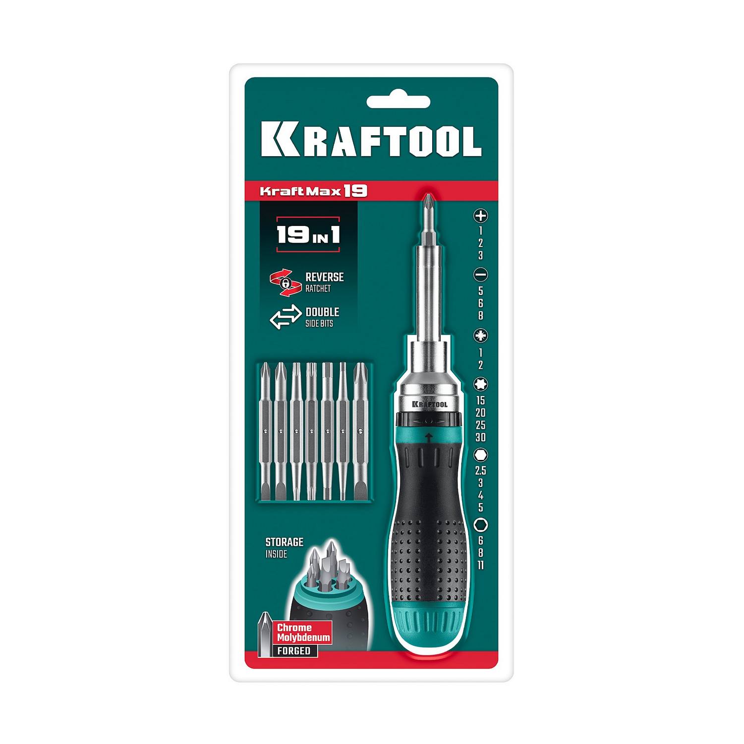 KRAFTOOL  19-в-1 KraftMax 19, Реверсивная отвертка с битами {25862}