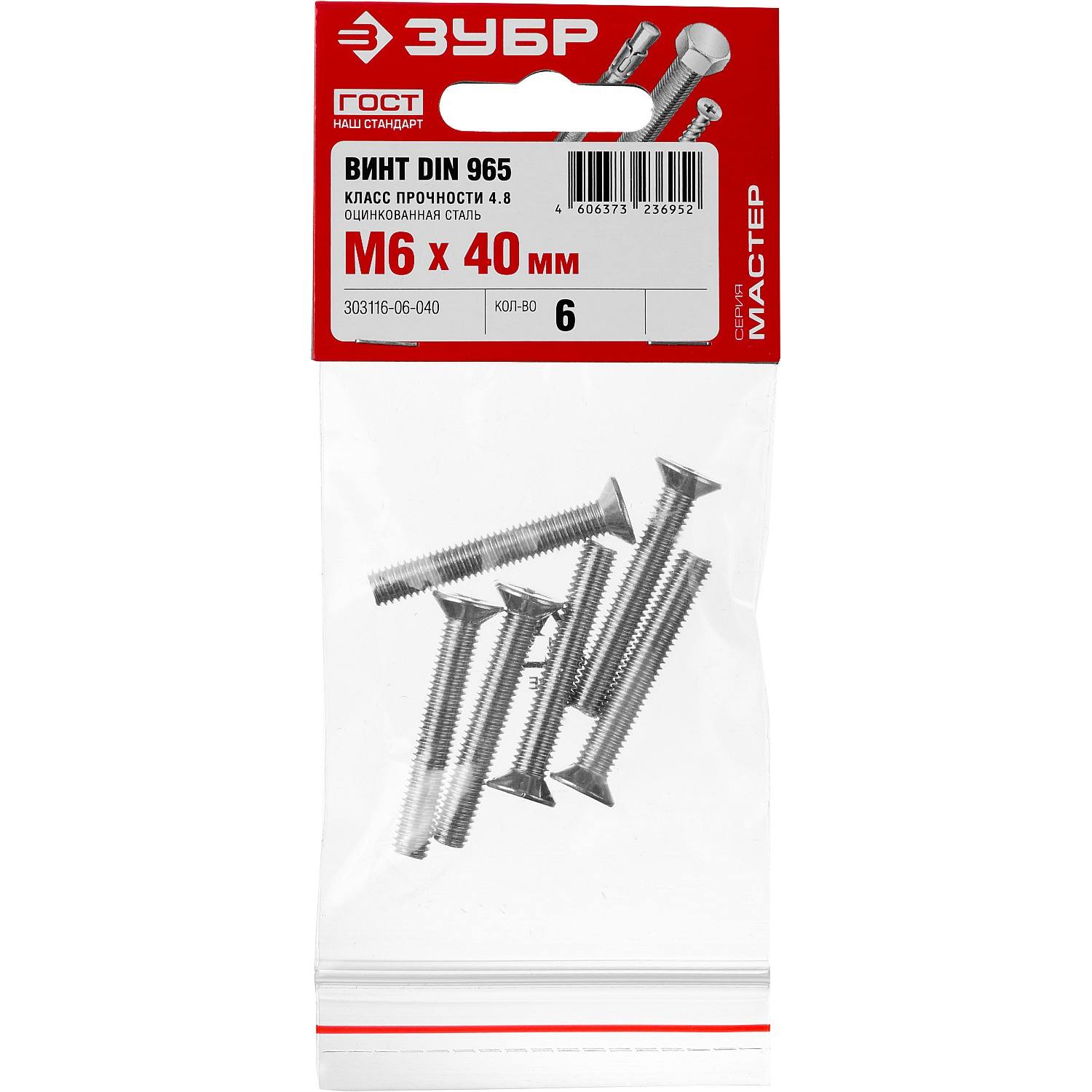 Винт DIN 965, M6 x 40 мм, 6 шт, кл. пр. 4.8, оцинкованный, ЗУБР {303116-06-040}