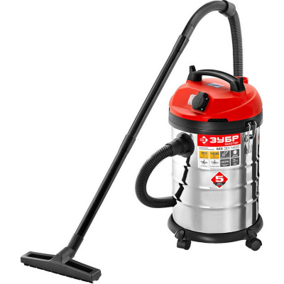 Пылесос строительный, ЗУБР ПУ-30-1400 М3, модель М3-30, 30 л, 1400 Вт, сухая и влажная уборка, корпус из нержавеющей стали, розетка до 2000Вт