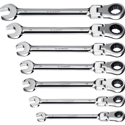 Набор комбинированных гаечных ключей трещоточных шарнирных 7 шт, 8 - 19 мм, ЗУБР {27101-H7}