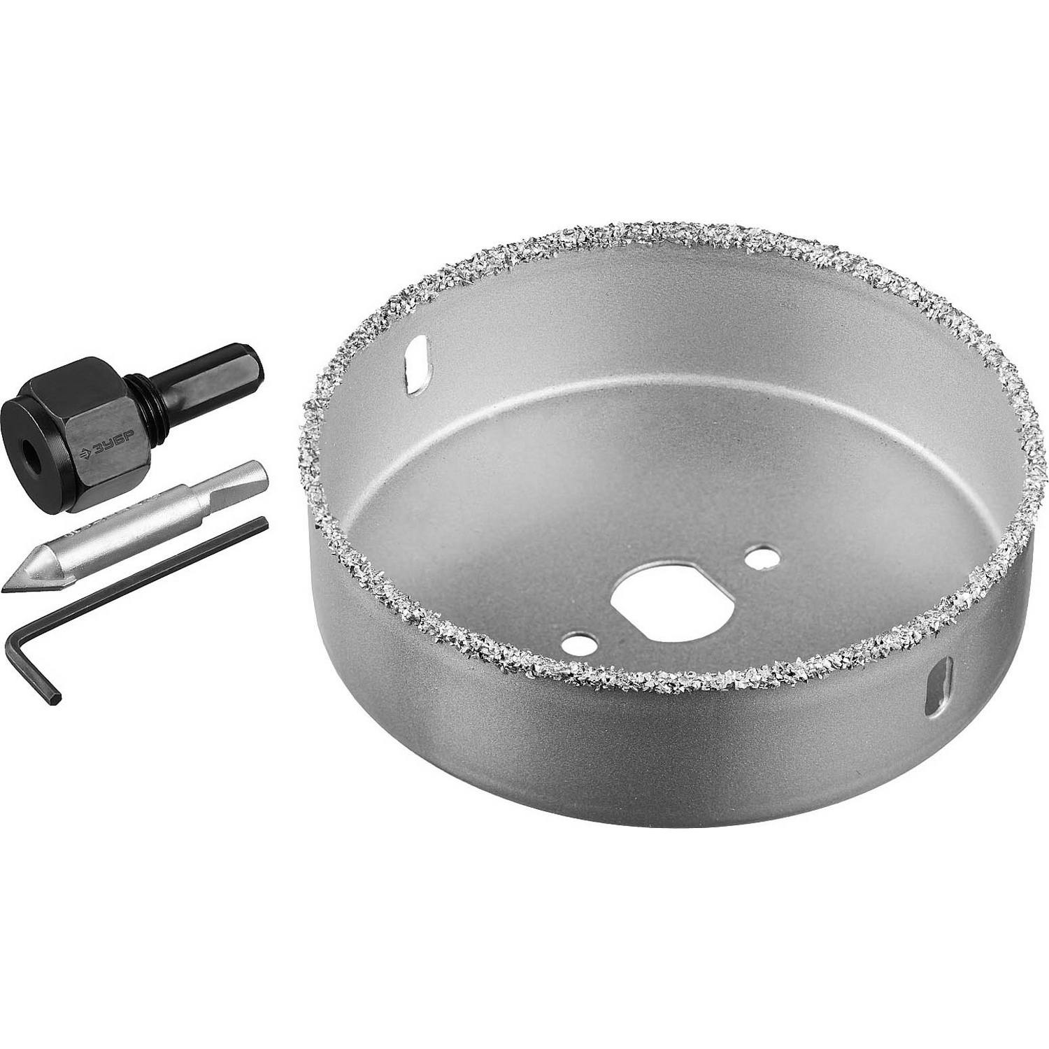 Коронка-чашка ЗУБР "Профессионал" c карбид-вольфрамовым нанесением, 102 мм, высота 25 мм, в сборе с державкой и сверлом