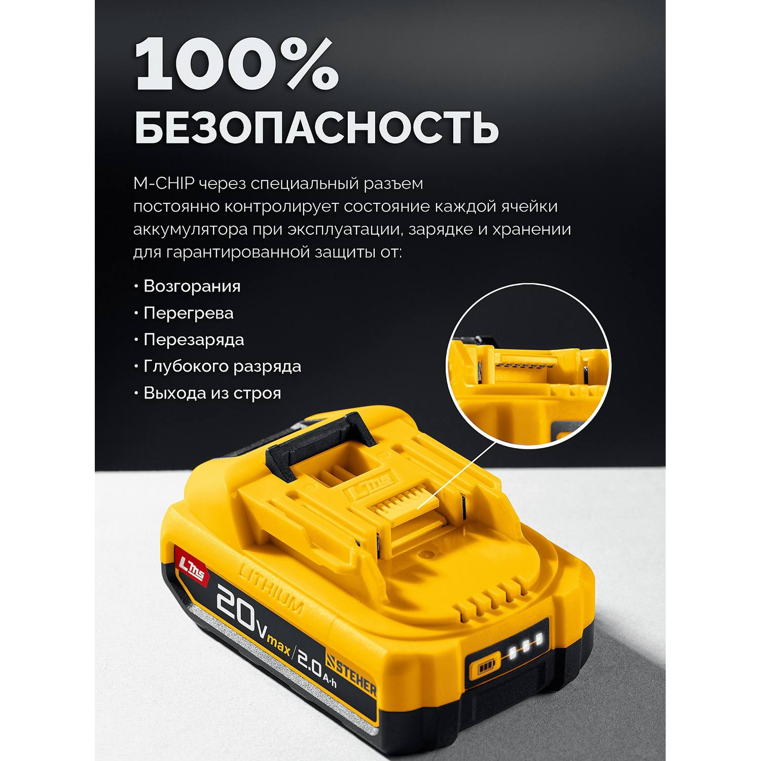 STEHER  20 В, 65 Н·м, 1 АКБ LMS (2 А·ч), бесщеточная ударная дрель-шуруповерт {CBS-65-21}