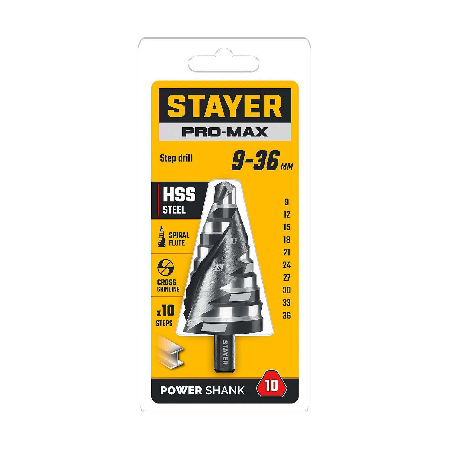 STAYER Pro-Max 9-36мм, 10 ступеней, винтовая спираль, сверло ступенчатое {29661-9-36-10}