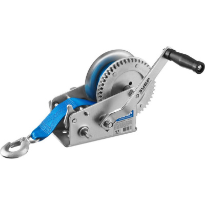 Лебедка ручная барабанная ЗУБР "Профессионал", тяговая, ленточная, 1,1т, 10м {43115-1.1}