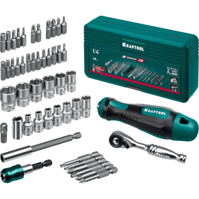 KRAFTOOL  X-Drive 49 шт, Набор бит и головок с битодержателем и трещоткой  {25816}