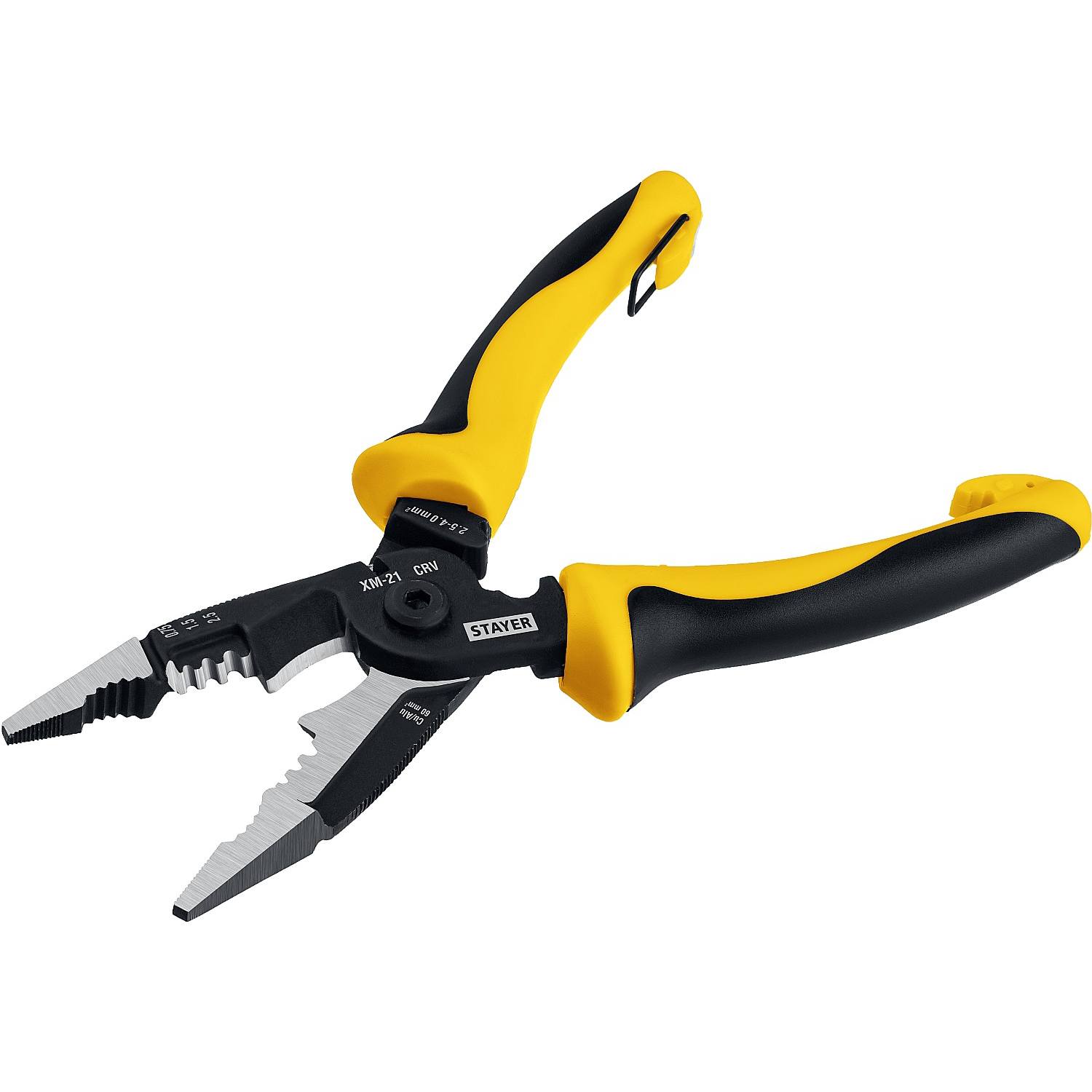 STAYER  XM-21, резка d 14мм, зачистка 0.75 – 25 мм2, кримпер 2.5 мм2, плоскогубцы 210 мм, многофункциональные клещи, Professional (23342-21)