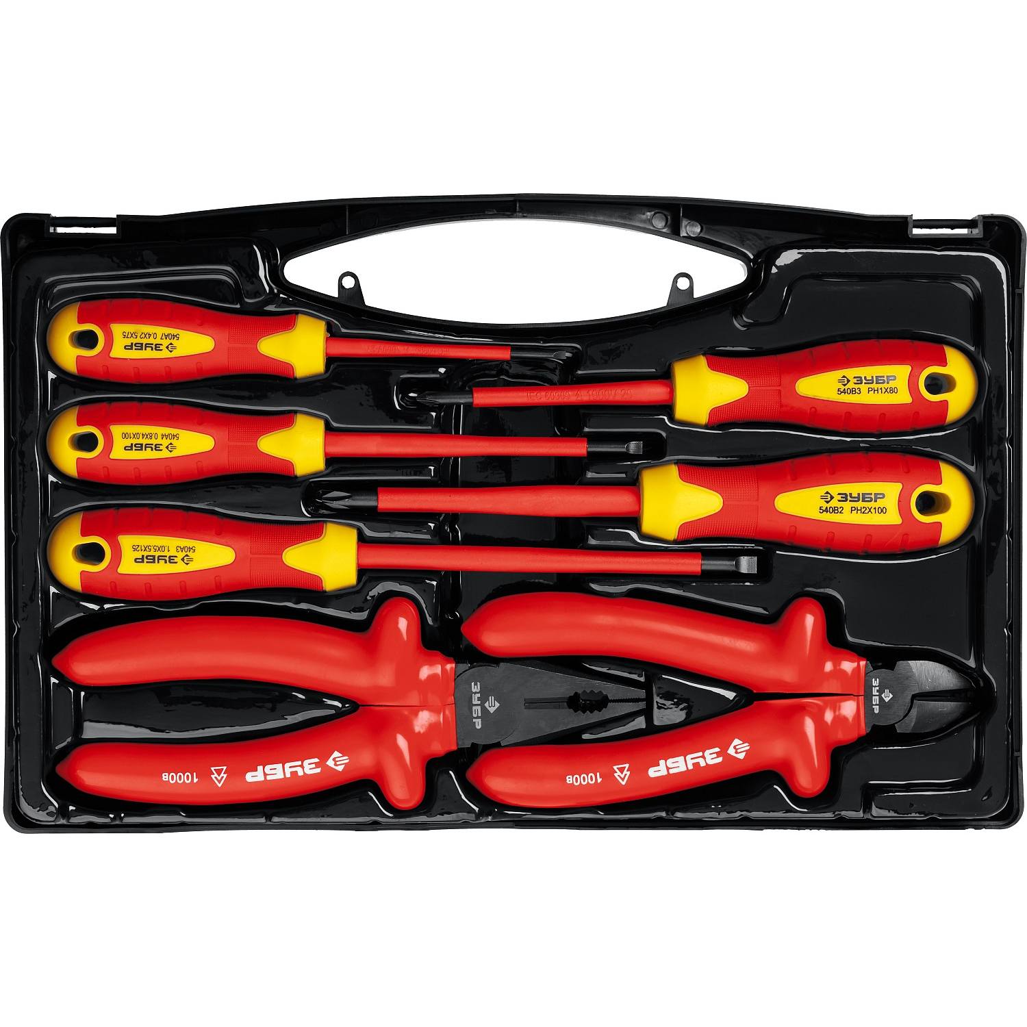 Набор: Губцевый инструмент, диэлектрический, высоковольтный до ~1000В, маслобензостойкая рукоятка, 7предм, ЗУБР Профессионал 2214-H7