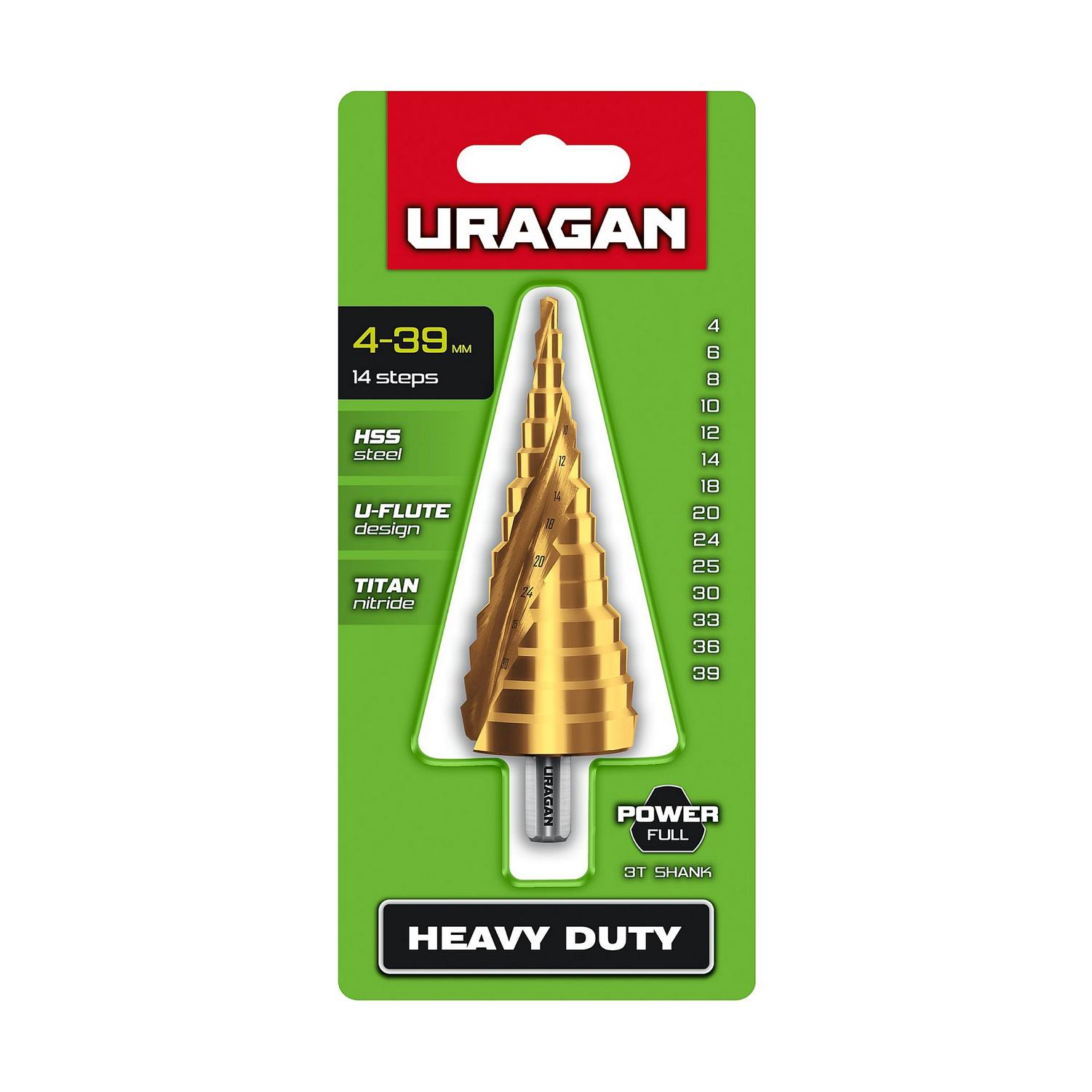 URAGAN 4-39мм, 14 ступеней, винтовая спираль, сверло {29658-4-39-14}