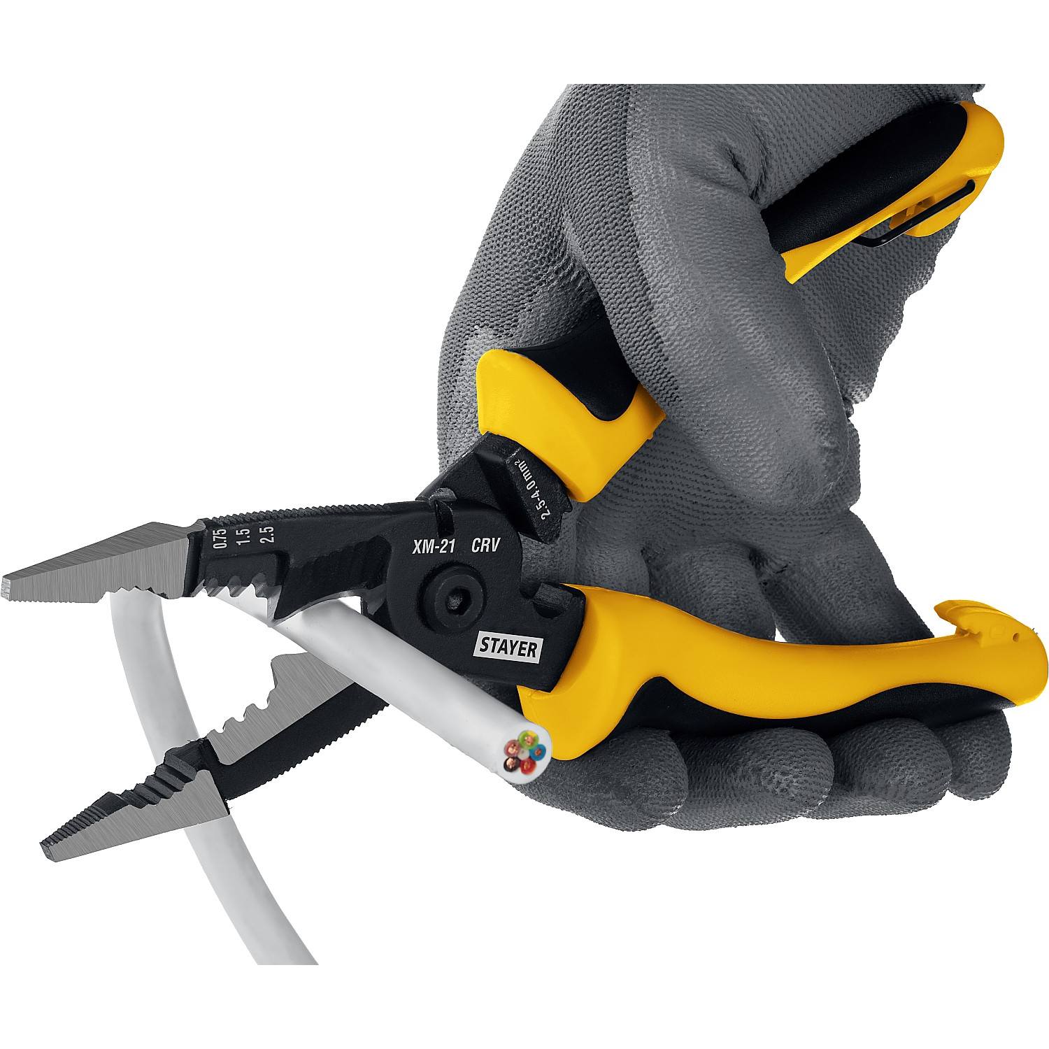 STAYER  XM-21, резка d 14мм, зачистка 0.75 – 25 мм2, кримпер 2.5 мм2, плоскогубцы 210 мм, многофункциональные клещи, Professional (23342-21)