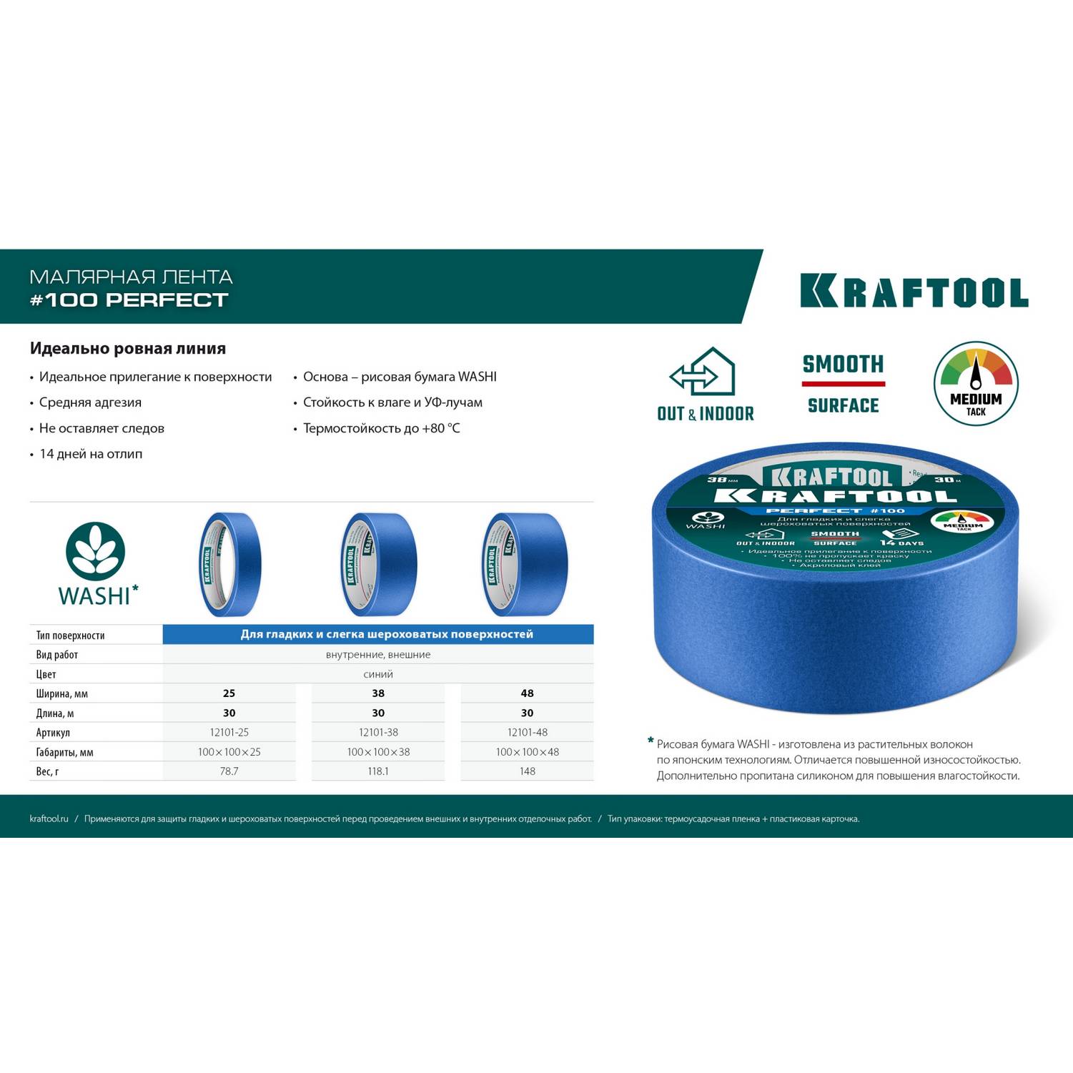 KRAFTOOL  #100 Perfect 38 мм х 30 м, для гладких и шероховатых поверхностей, малярная лента  (12101-38)