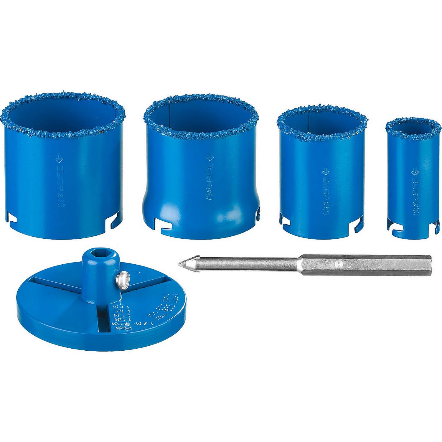 Набор кольцевых коронок ЗУБР "Профессионал" c карбид-вольфрамовым нанесением, 6 предм. в кейсе: коронки d 33, 53, 67, 73 мм, основание, сверло