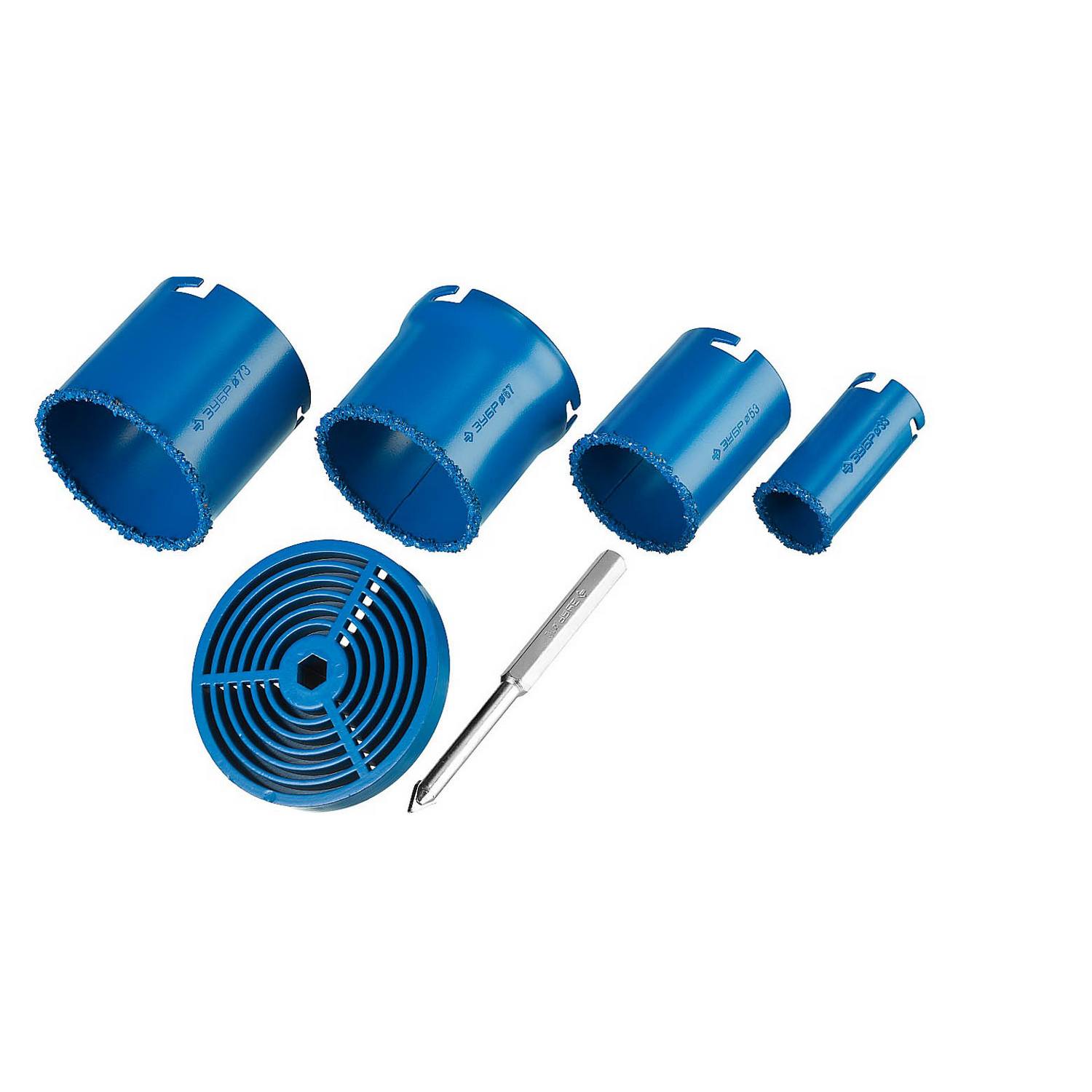 Набор кольцевых коронок ЗУБР "Профессионал" c карбид-вольфрамовым нанесением, 6 предм. в кейсе: коронки d 33, 53, 67, 73 мм, основание, сверло