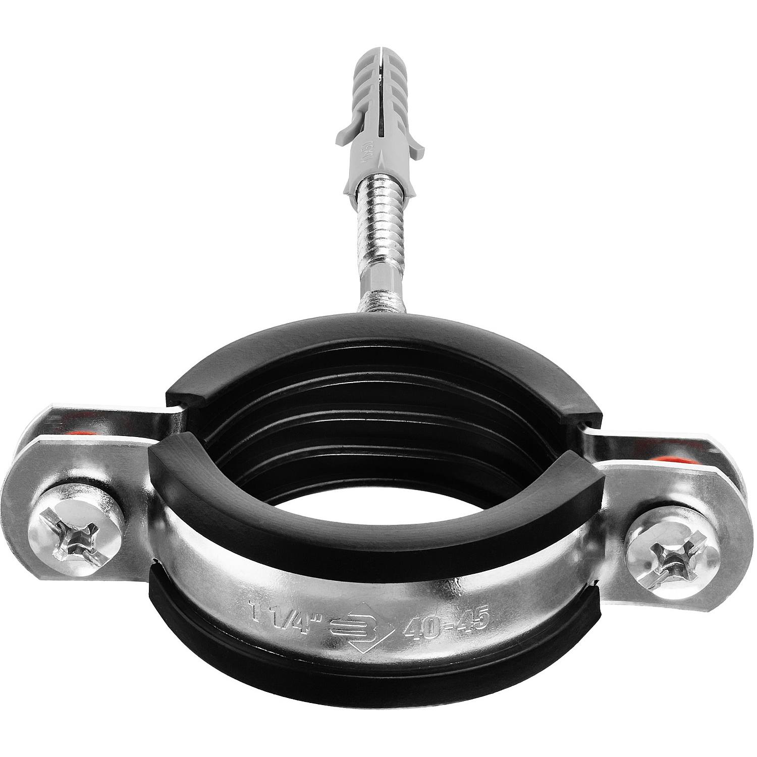 Хомут трубный с гайкой, оцинкованный, в комплекте с сантехнической шпилькой и дюбелем, 1 1/4", 1шт, ЗУБР