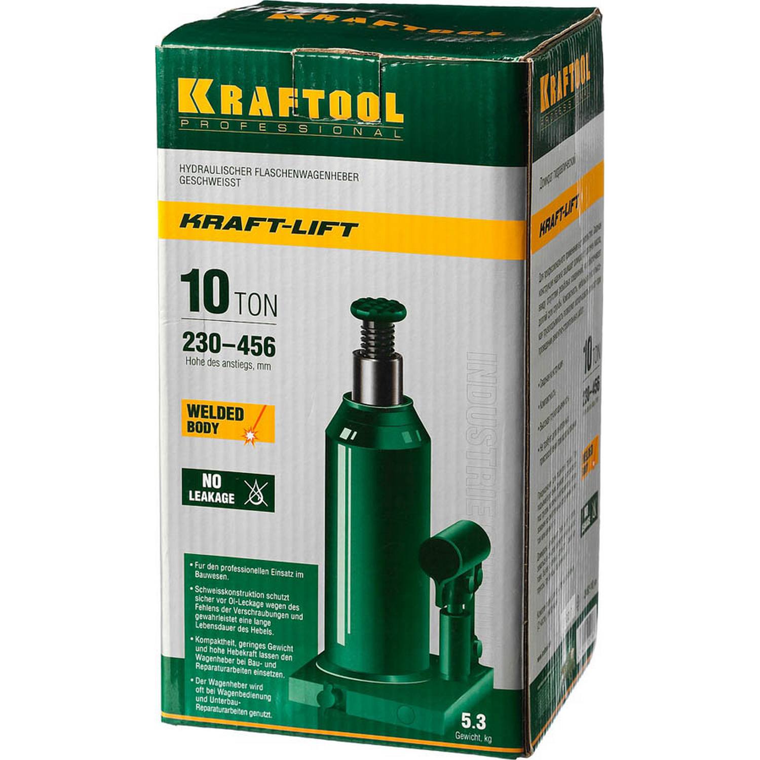 KRAFTOOL KRAFT-LIFT 10т, 230-460мм домкрат бутылочный гидравлический, KRAFT BODY {43462-10_z01}