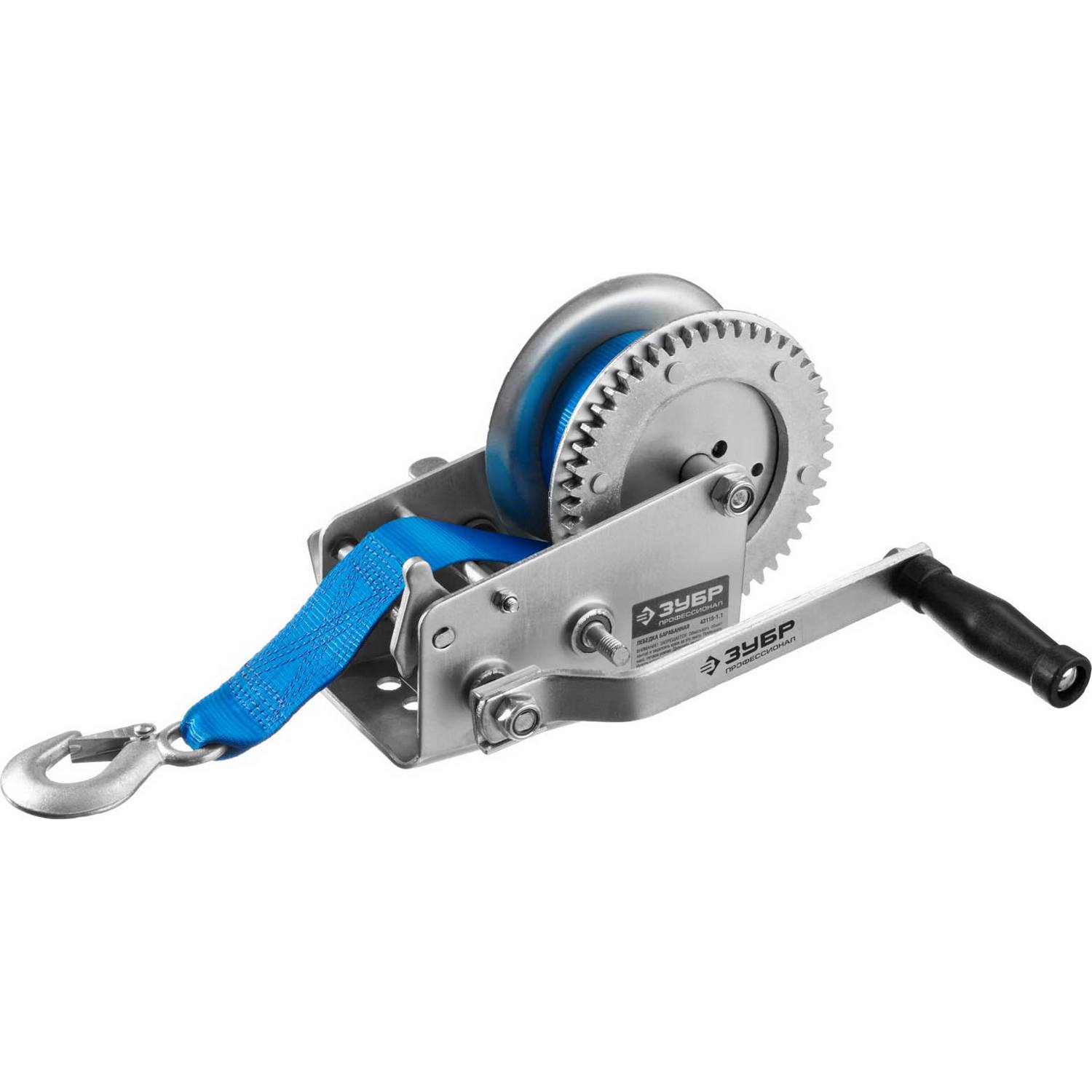 Лебедка ручная барабанная ЗУБР "Профессионал", тяговая, ленточная, 1,1т, 10м {43115-1.1}
