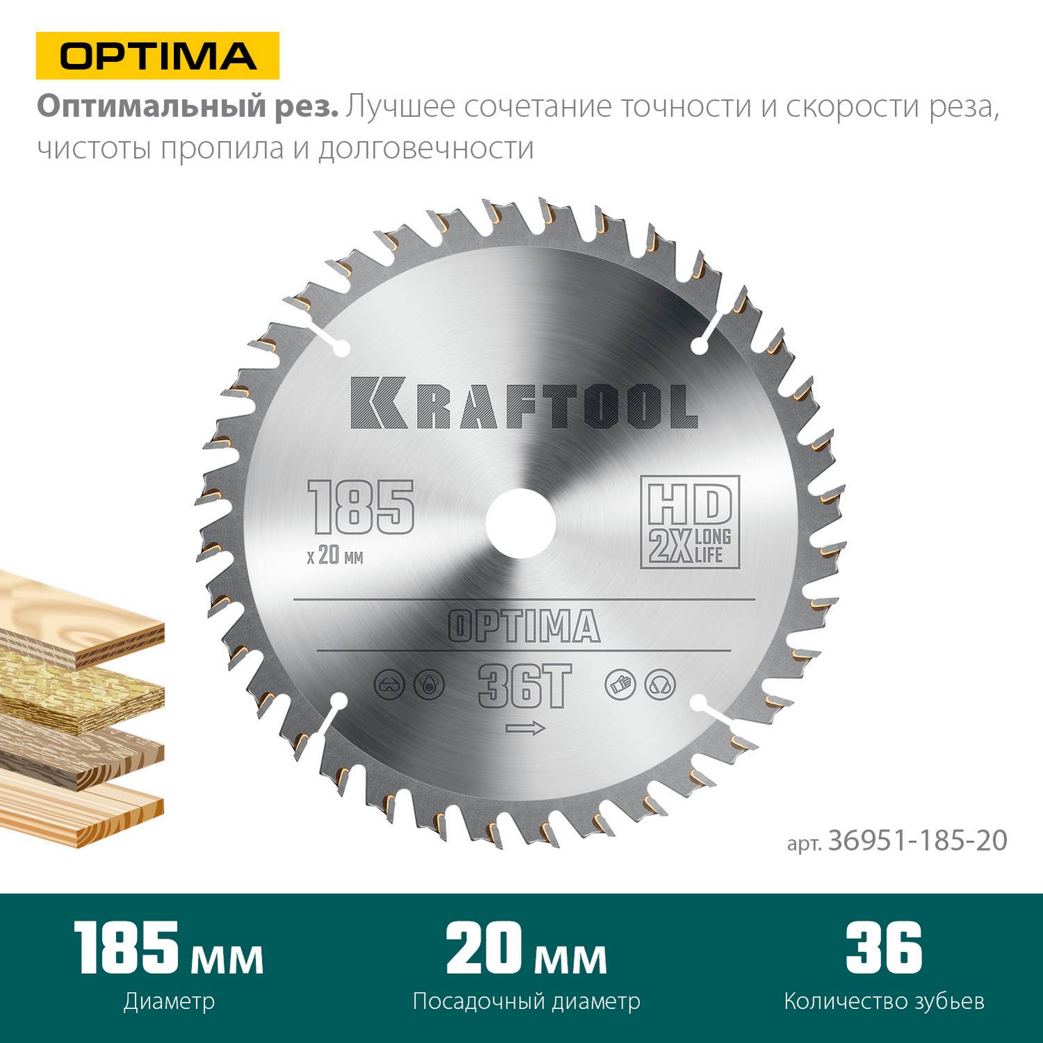 KRAFTOOL  Optima, 185 х 20 мм, 36Т, пильный диск по дереву {36951-185-20}