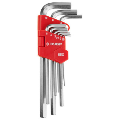 Набор ЗУБР Ключи "Мастер" имбусовые длинные, Cr-V, сатинированное покрытие, пластик. держатель, HEX 1,5-10мм, 9 пред