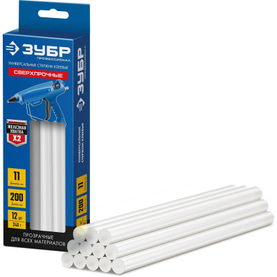 ЗУБР Профессионал прозрачные сверхпрочные клеевые стержни, d 11 х 200 мм (11-12 мм) 12 шт. 240 г. {06856-12}