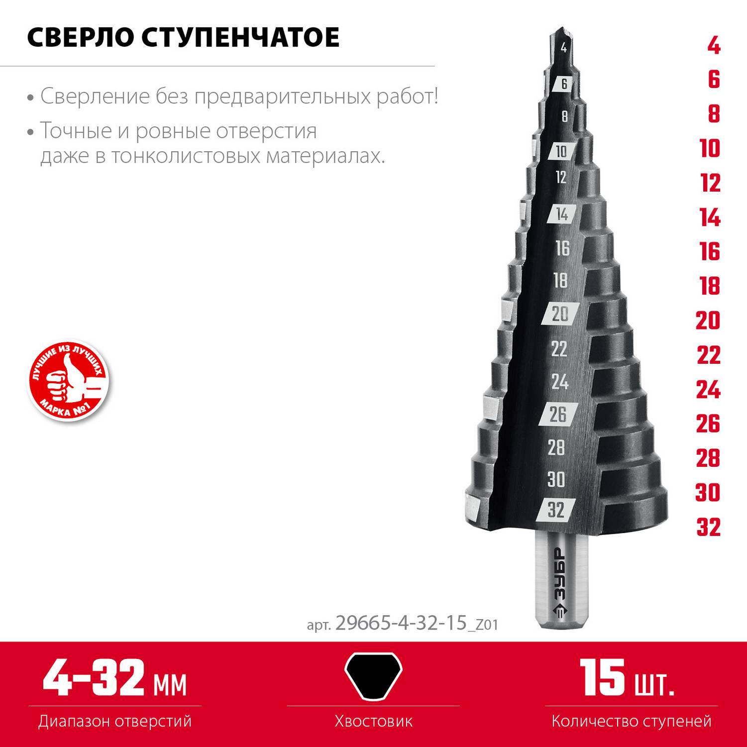 ЗУБР 4-32мм, 15 ступеней, сверло ступенчатое {29665-4-32-15_z01}
