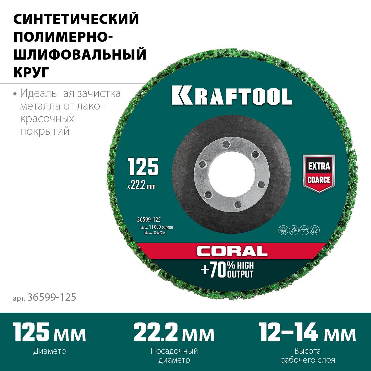 KRAFTOOL  125 х 22.2 мм, круг полимерно-шлифовальный синтетический абразивный  {36599-125}